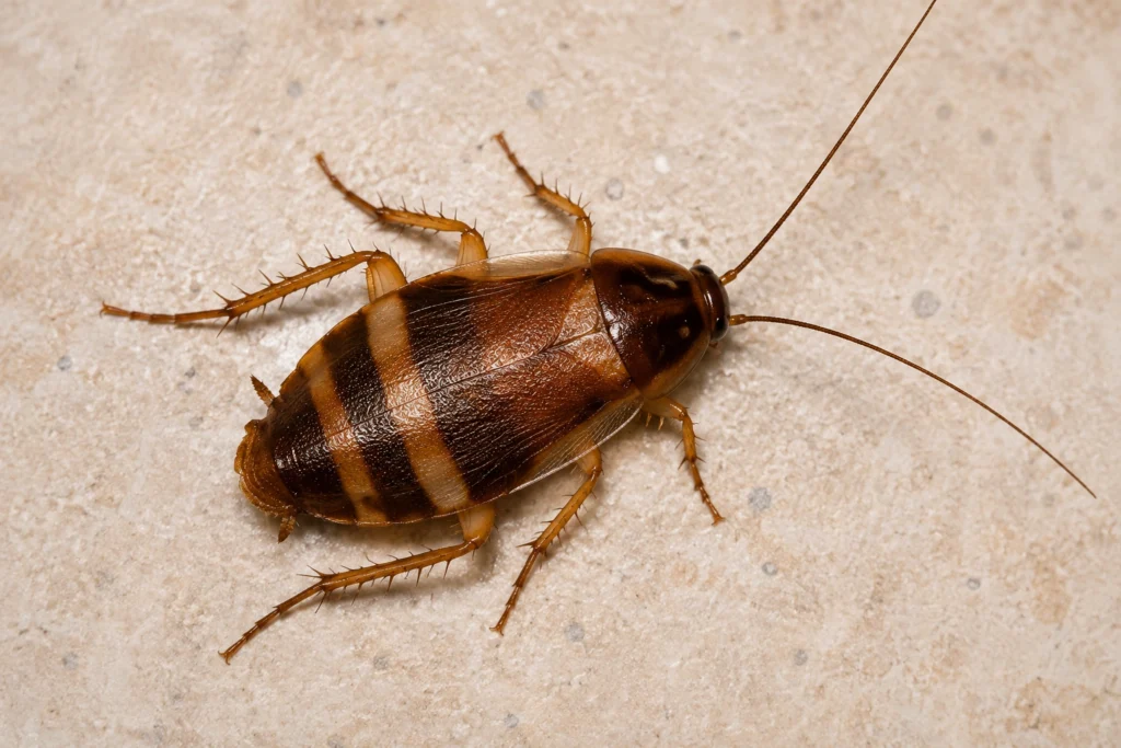 A brown banded cockroach showing the two distinctive dark bands across its wings.