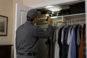 A Northwest Exterminating technician inspecting upper closet shelves and electronics for brown banded cockroach nesting sites.