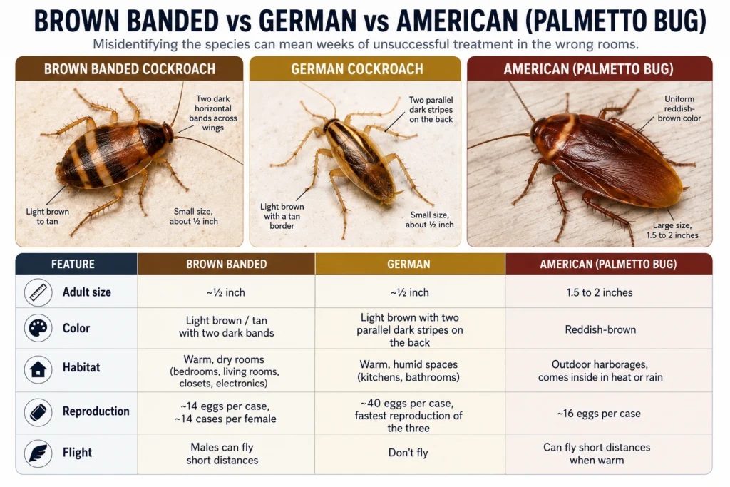 Brown banded, German, and American cockroach side-by-side identification — how to tell them apart.
