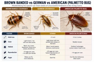 Brown banded, German, and American cockroach side-by-side identification — how to tell them apart.