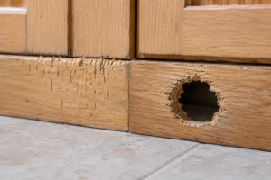 Rodent gnaw marks on a wooden cabinet baseboard — the size and shape of the damage helps identify whether mice or rats are responsible.