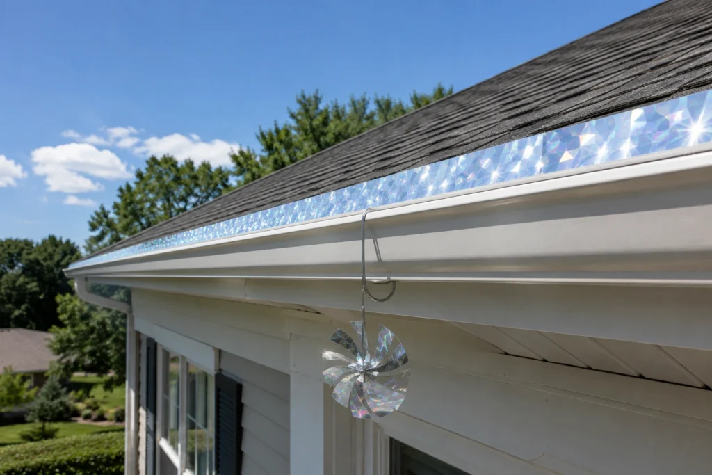 Reflective tape and visual bird deterrents installed along a residential roofline in a Southeast home — a common DIY approach.