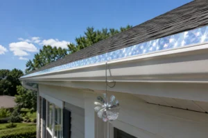 Reflective tape and visual bird deterrents installed along a residential roofline in a Southeast home — a common DIY approach.