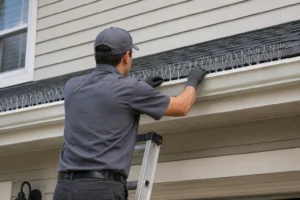 A pest control technician installing bird spikes along a residential roofline ledge — professional exclusion work for long-term bird control.
