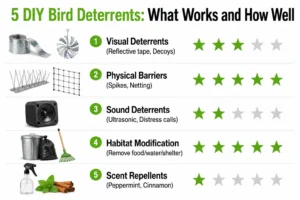 5 DIY bird deterrents that work — visual deterrents, physical barriers, sound, habitat changes, and scent repellents compared.
