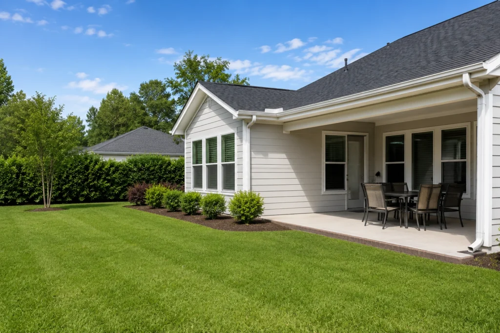 A clean, well-maintained Southeast yard with trimmed shrubs, no exposed food, and clear gutters — the foundation of long-term bird control.