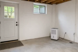 A residential basement with a dehumidifier running in the corner, sealed door sweeps, and clean dry concrete floor — the conditions that prevent millipedes in the house.