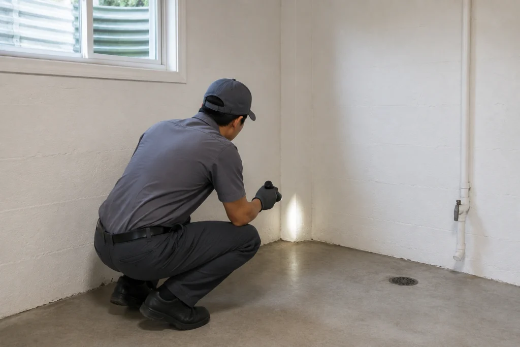 A pest control technician inspecting a residential basement for moisture sources and millipede entry points.