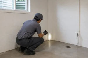 A pest control technician inspecting a residential basement for moisture sources and millipede entry points.