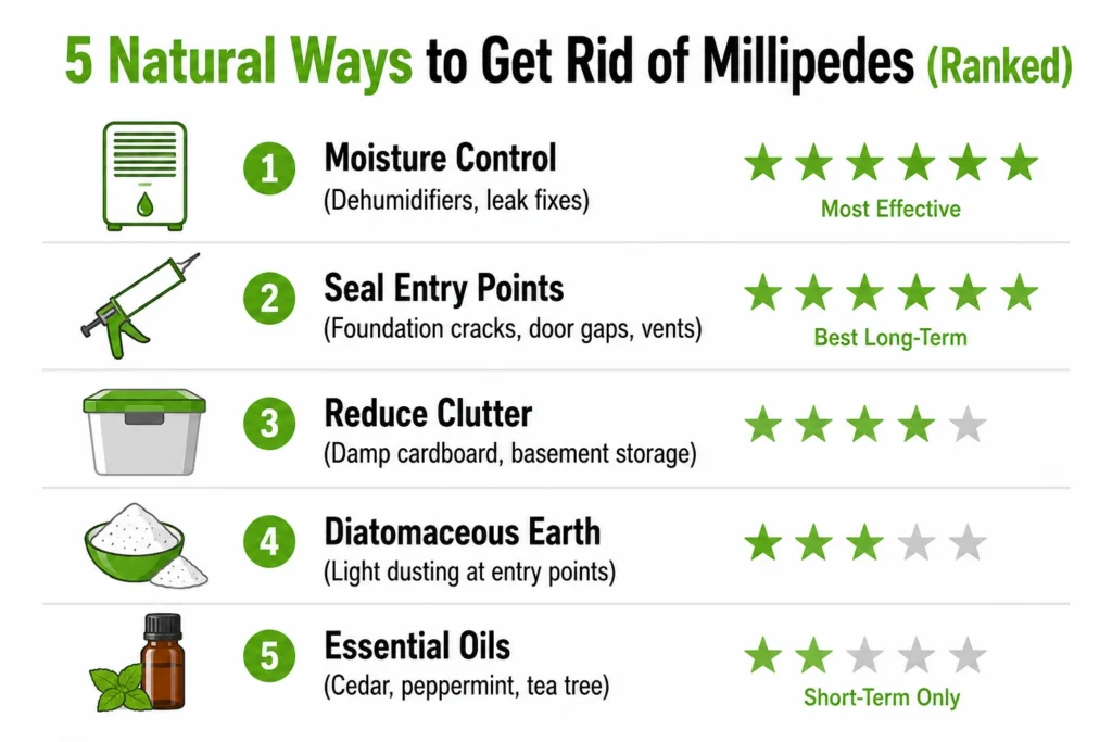 5 natural ways to get rid of millipedes in your house — moisture control, sealing entry points, clutter reduction, essential oils, and diatomaceous earth compared.