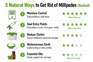 5 natural ways to get rid of millipedes in your house — moisture control, sealing entry points, clutter reduction, essential oils, and diatomaceous earth compared.