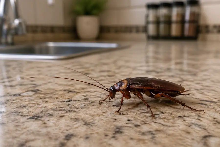 A German cockroach on a kitchen counter — often the first sign of a larger roach infestation in Georgia homes