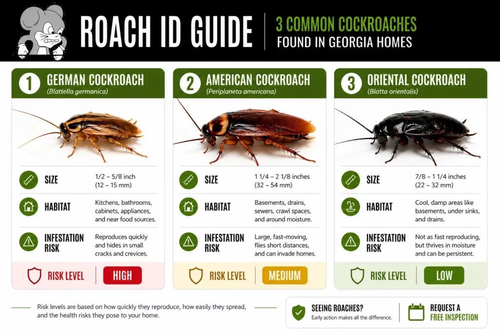 German, American, and Oriental cockroach side-by-side identification — the three species most often found in Georgia roach infestations