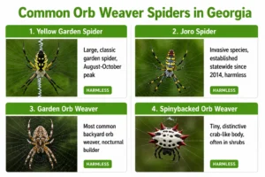 Common orb weaver spiders in Georgia identification chart — yellow garden spider, Joro spider, garden orb weaver, and spinybacked orb weaver compared.