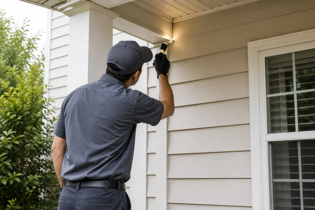A pest control technician inspecting a residential outdoor entryway for spider webs and pest activity.