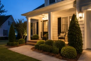 A residential porch with warm yellow-toned LED lighting and trimmed shrubs — landscaping that reduces orb weaver web placement near entry doors.