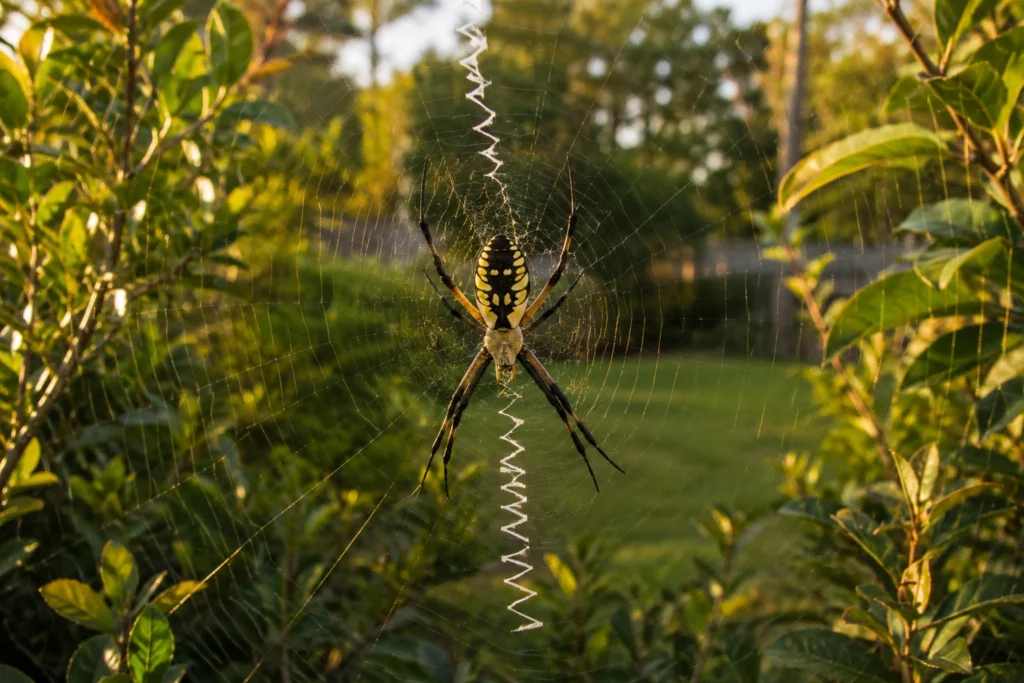 A large yellow garden spider (orb weaver) in the center of a classic circular web stretched across garden shrubs in a Georgia backyard.