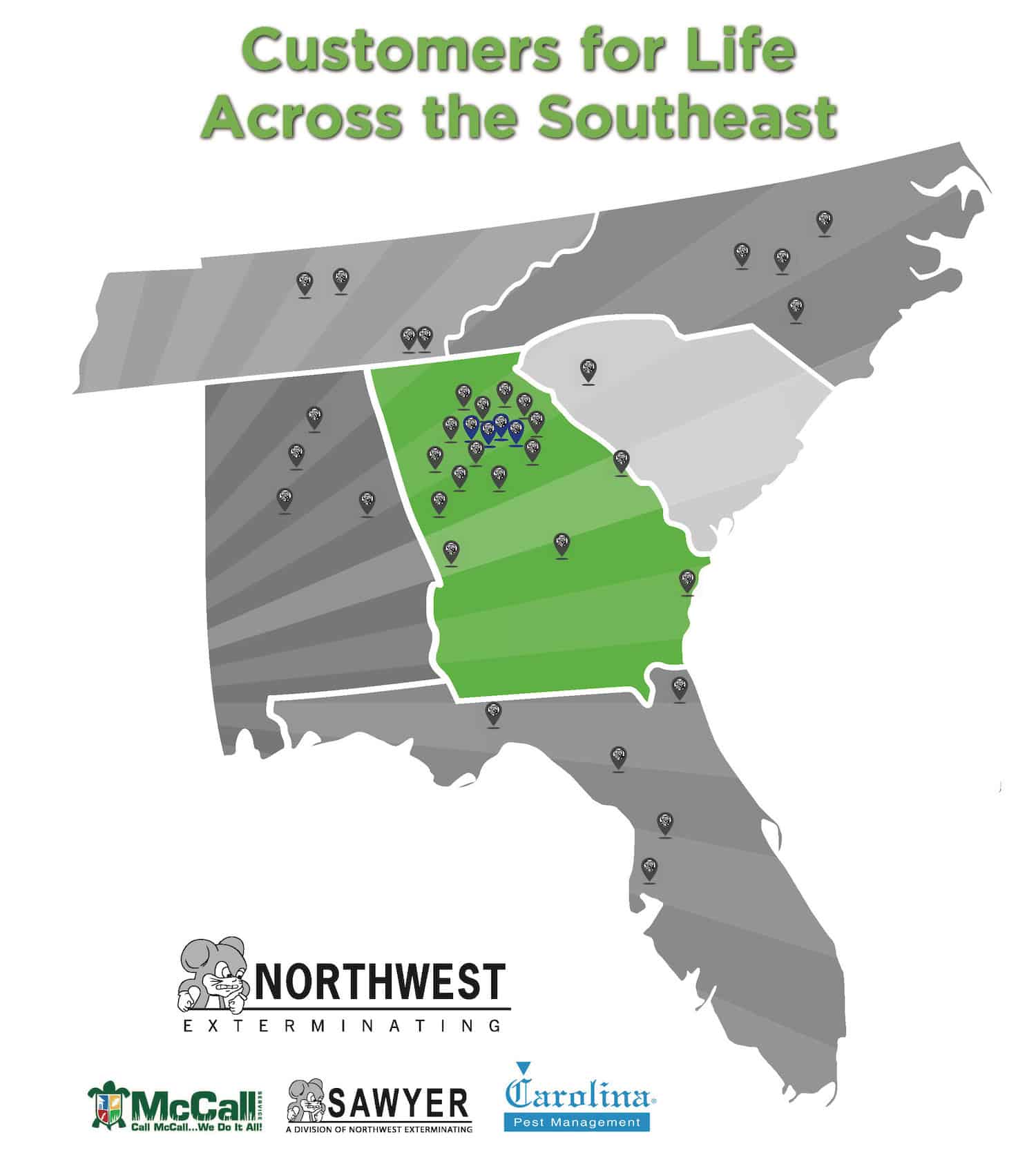 NW locations map southeast to date copy Northwest Exterminating Locations Map