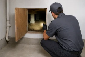 A Northwest Exterminating technician inspecting a residential basement and crawl space access for rodent entry points and co-infestation signs.