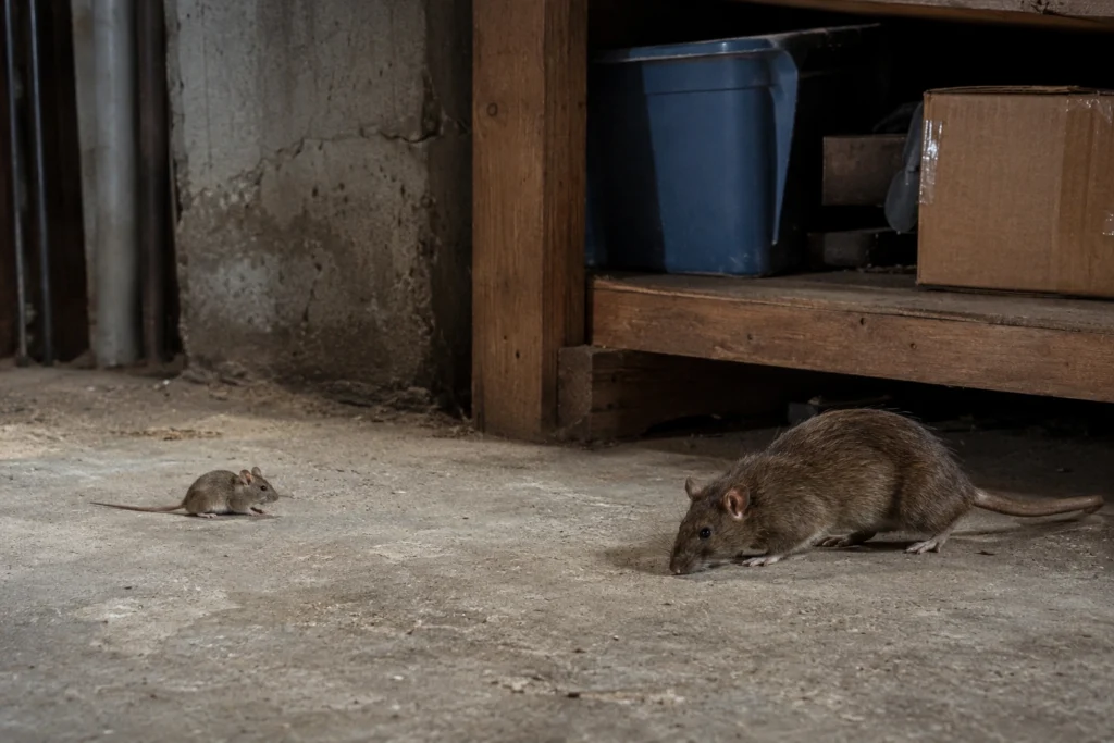 A small house mouse and a Norway rat shown together in a residential basement setting, representing a co-infestation situation.
