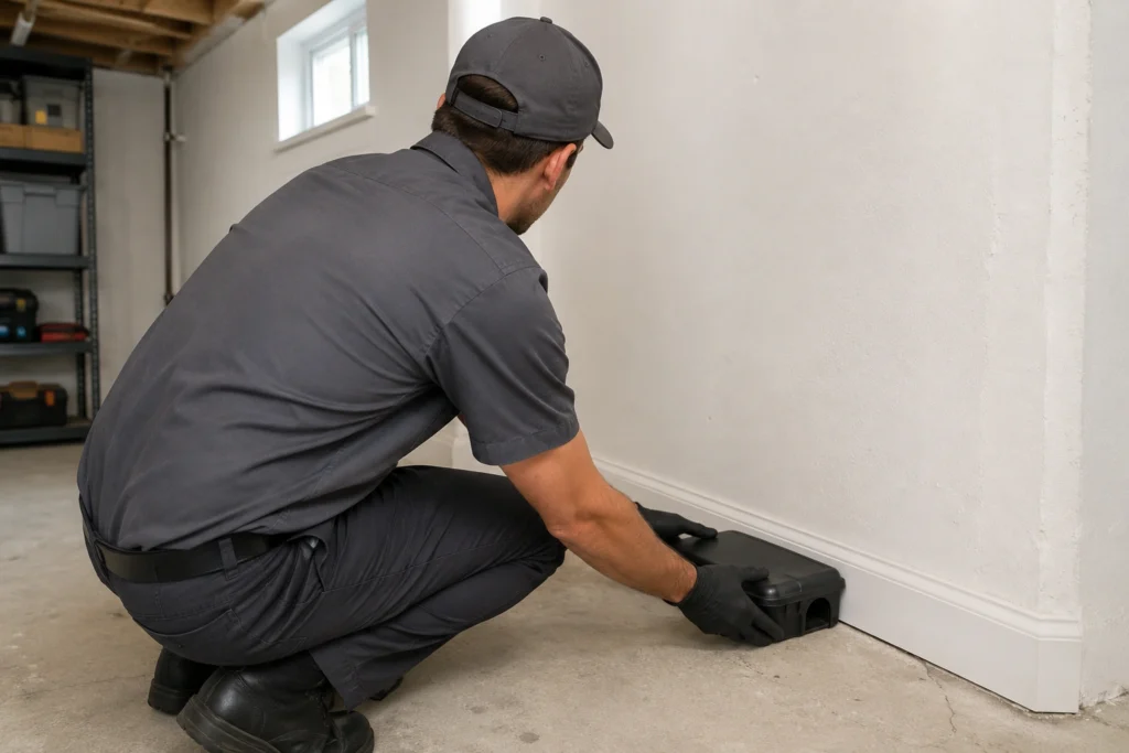A pest control technician placing rodent control traps and bait stations in a residential basement during a co-infestation treatment.