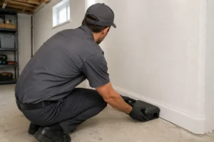 A pest control technician placing rodent control traps and bait stations in a residential basement during a co-infestation treatment.