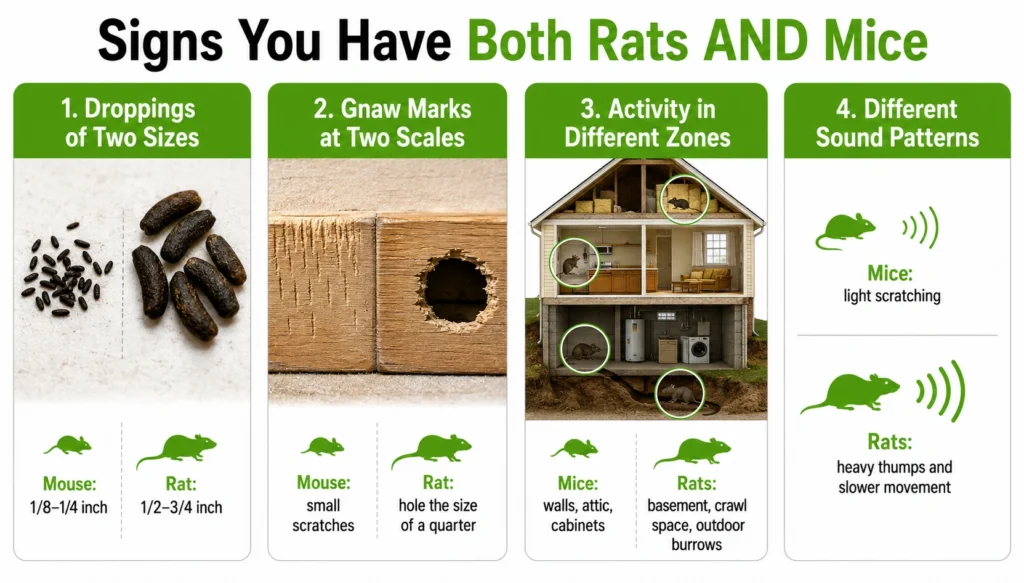 Signs of a rat and mouse co-infestation — droppings, gnaw marks, nesting locations, and activity patterns side by side.