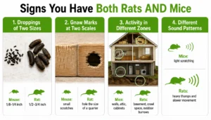 Signs of a rat and mouse co-infestation — droppings, gnaw marks, nesting locations, and activity patterns side by side.