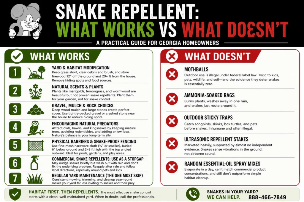 What works vs what doesn't for snake repellent — a Northwest Exterminating comparison chart for Georgia homeowners