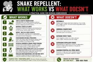 What works vs what doesn't for snake repellent — a Northwest Exterminating comparison chart for Georgia homeowners