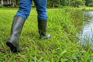 A Southeast homeowner wearing tall protective boots while walking through tall grass near a residential pond.