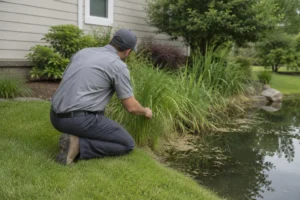A pest control technician performing a yard inspection near a residential pond, looking for snake harborage and rodent activity.