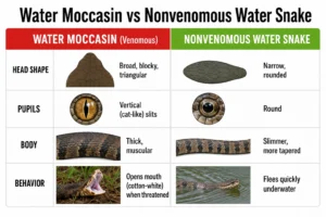 Water moccasin vs nonvenomous water snake identification chart — head shape, pupil shape, body shape, and behavior compared side-by-side.