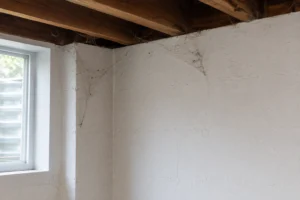 Multiple spider webs in a basement corner showing an established indoor spider population — beyond what natural repellents can clear alone.