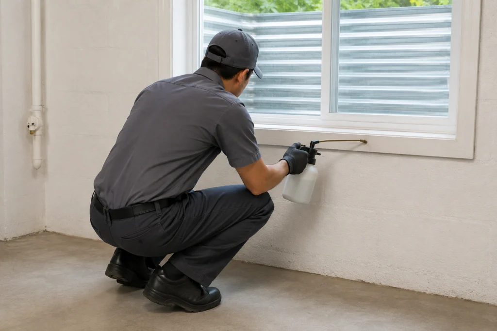 A pest control technician applying a targeted treatment at a residential basement window — professional spider control where natural methods aren't enough.