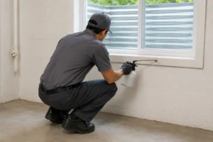 A pest control technician applying a targeted treatment at a residential basement window — professional spider control where natural methods aren't enough.