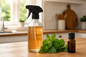 A spray bottle with essential oil mixture and fresh herbs on a kitchen counter — typical DIY natural spider repellent setup.