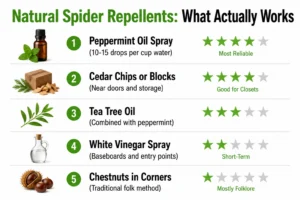 Natural spider repellent effectiveness ranking — essential oils, vinegar, cedar, and chestnuts compared with star ratings.