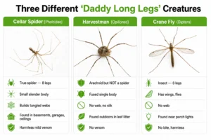 Cellar spider vs harvestman vs crane fly comparison — how to tell the three "daddy long legs" creatures apart.