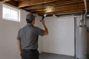 A Northwest Exterminating technician inspecting a basement ceiling for cellar spider activity and other indoor pests.