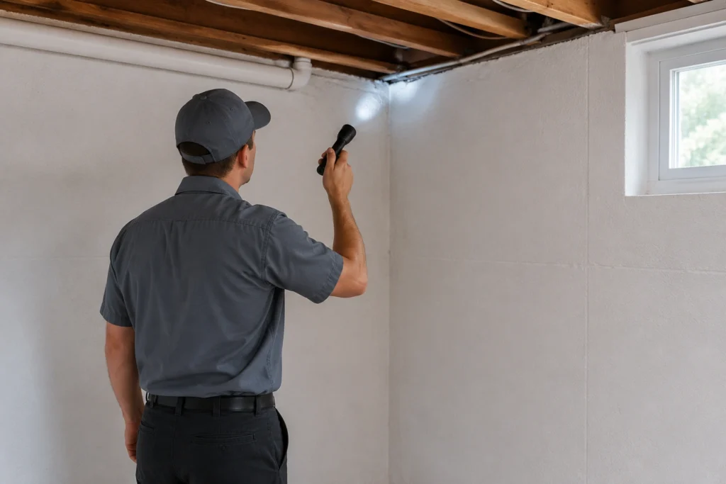 A Northwest Exterminating technician inspecting a basement ceiling corner for spiders and indoor pest activity.