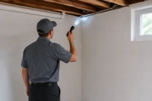 A Northwest Exterminating technician inspecting a basement ceiling corner for spiders and indoor pest activity.