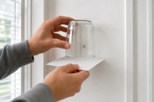 A homeowner gently relocating a daddy long legs spider outdoors using a cup and piece of cardboard.