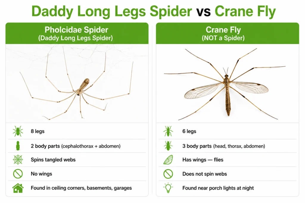 Daddy long legs spider vs crane fly anatomy comparison — how to tell a Pholcidae spider apart from a crane fly insect.
