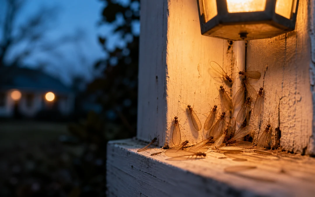 Winged termite swarmers gathering near an exterior light on an Alabama home during termite swarming season.