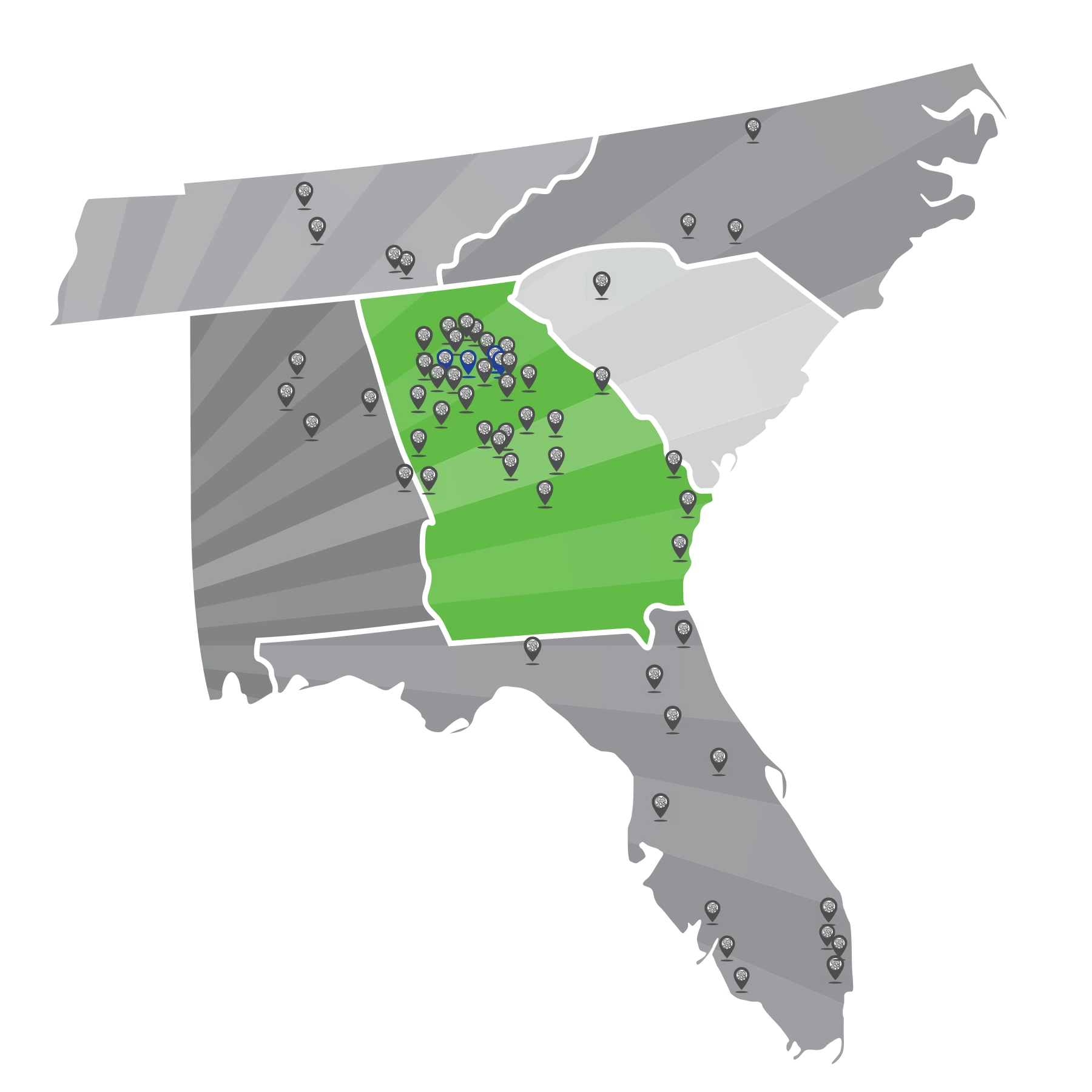Map of the Southeastern United States showing Northwest Exterminating service coverage across Georgia, Alabama, Florida, Tennessee, North Carolina and South Carolina.