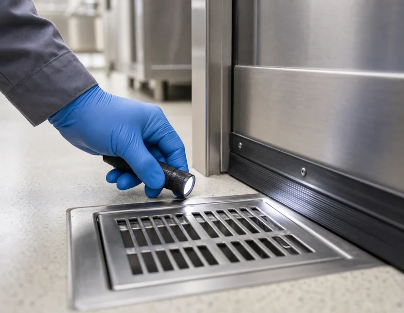 Technician inspecting a commercial kitchen drain for fly breeding sources