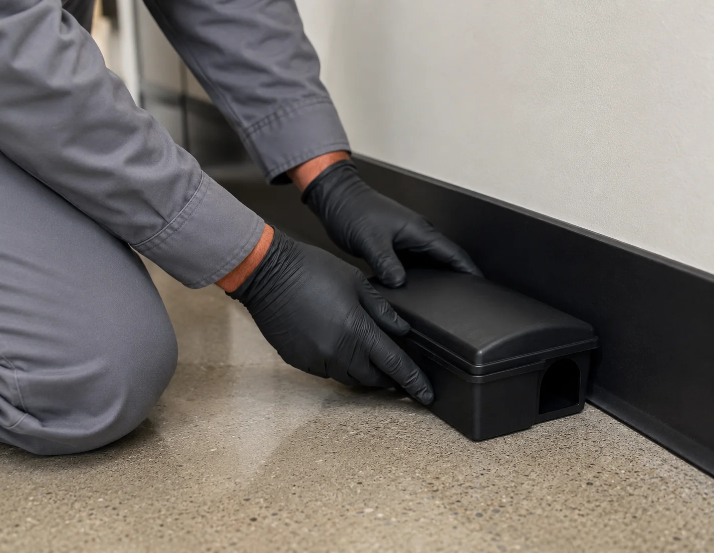 Technician placing a rodent monitoring station in a commercial facility