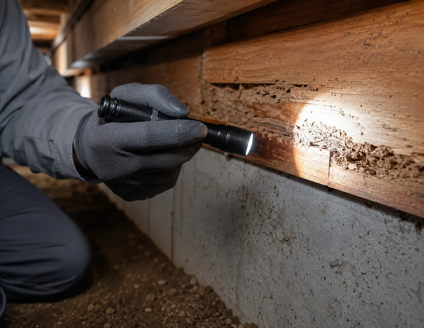 Technician inspecting a commercial building's structure for termite activity
