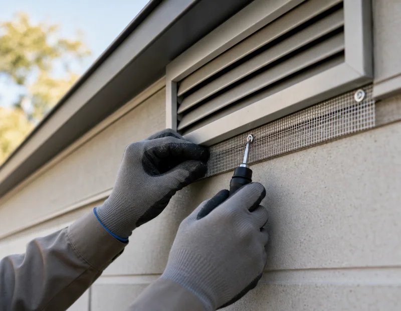 Technician sealing a building entry point to exclude wildlife